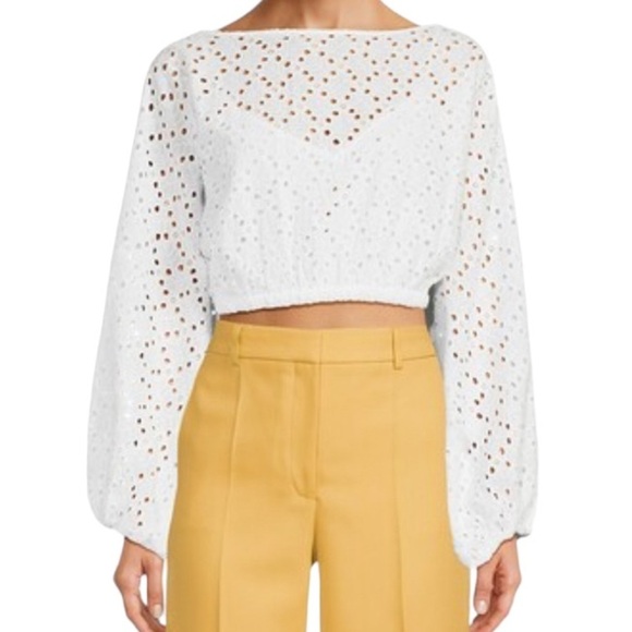 Tanya Taylor Sophia White Eyelet Cropped Blouse Size L - Picture 1 of 8